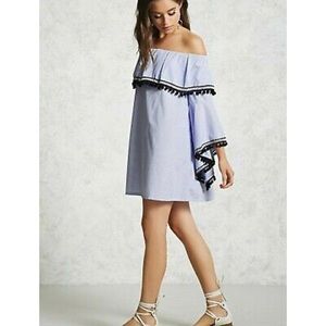 Forever 21 Striped Pom Pom Off the Shoulder Dress
